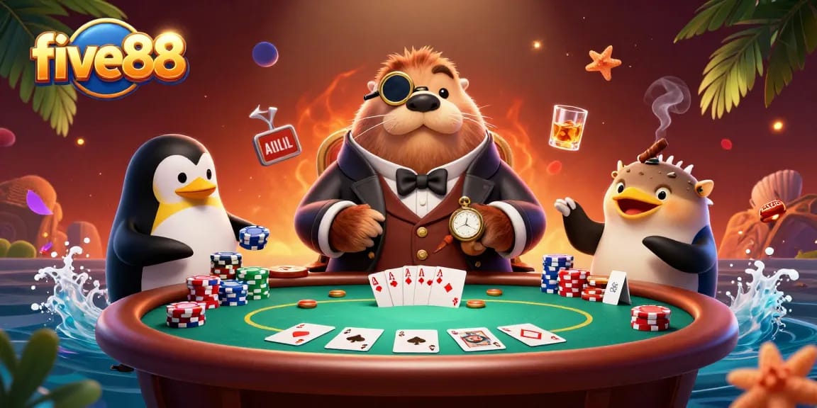 Experience high-stakes poker action with five88 at an underwater casino table featuring unique characters.