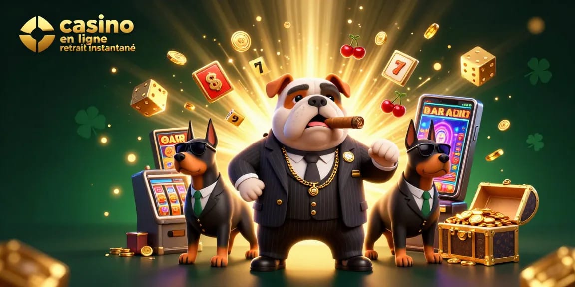 Visuel captivant d'un casino en ligne retrait instantané avec un bulldog mafia et des éléments de jackpot.