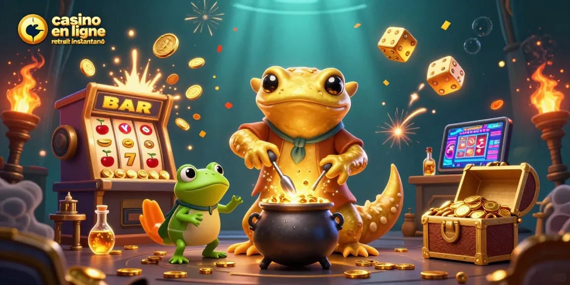 Vivez l'excitation du casino en ligne retrait instantané avec une illustration 3D de personnages fantastiques et d'éléments de jeux.