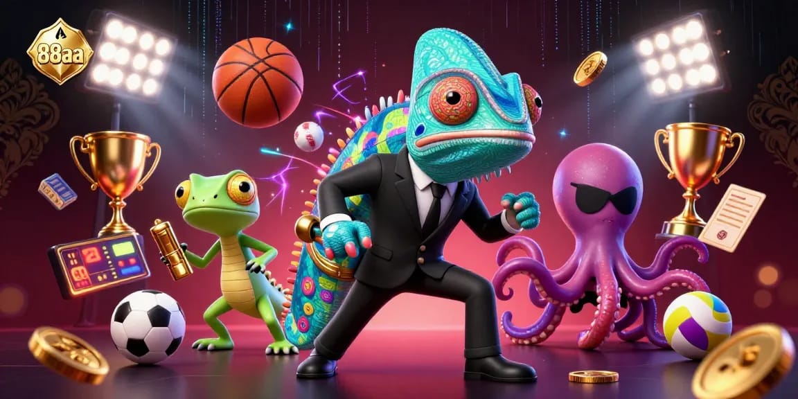 Bet on 88aa with colorful sports elements and illustrated characters in a dynamic casino scene