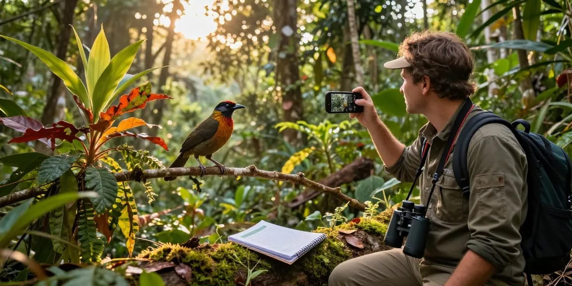 Wildlife conservationist observing native flora and fauna in Indonesia, showcasing biodiversity through rokok88 slot.