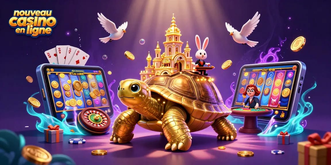 Jouez au nouveau casino en ligne avec une tortue géante, un croupier et des pièces d'or volant.