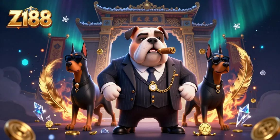 Experience the thrill of Z188 with a dynamic casino scene featuring a mafia bulldog and two Doberman bodyguards.