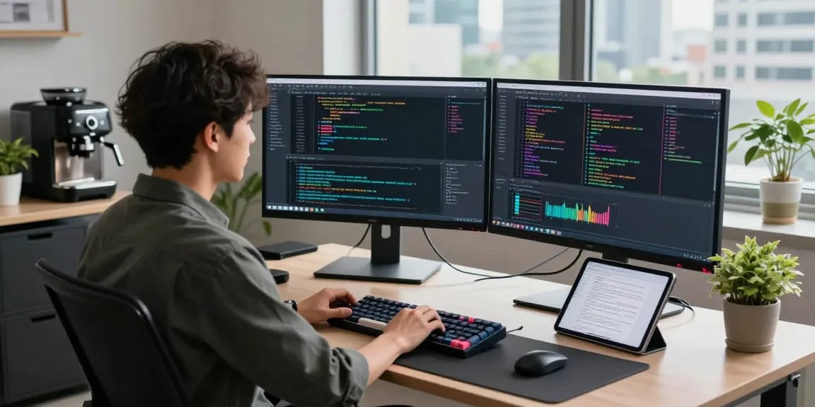 Programmer utilizing NAGA2000 in a modern workspace with multiple monitors and coding equipment