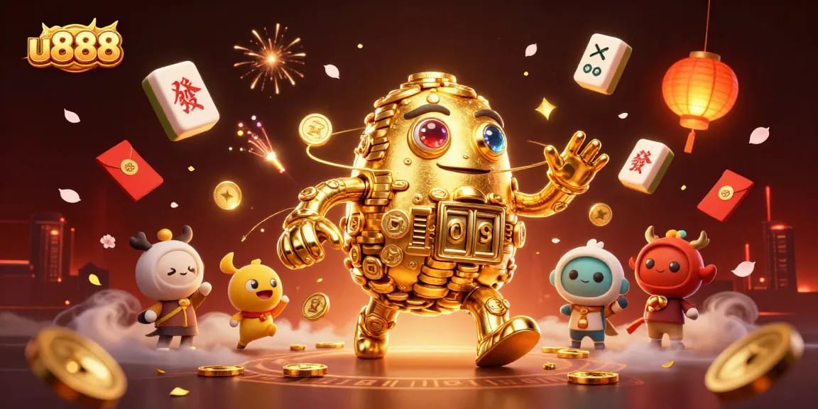 Experience high-energy game play with U888's stunning golden golem amidst vibrant casino elements.