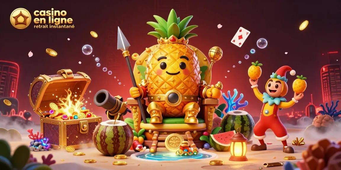 Profitez d'un casino en ligne retrait instantané avec un roi ananas et ses gardes sur une plage colorée.