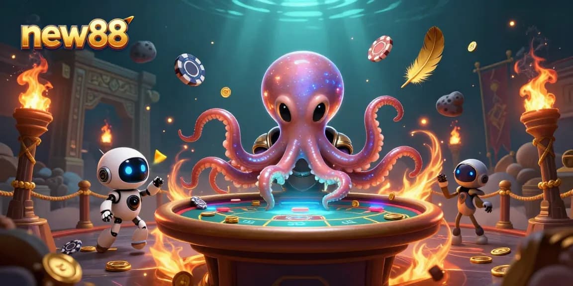 Experience thrilling gaming with new88's vibrant cosmic poker scene featuring playful characters.