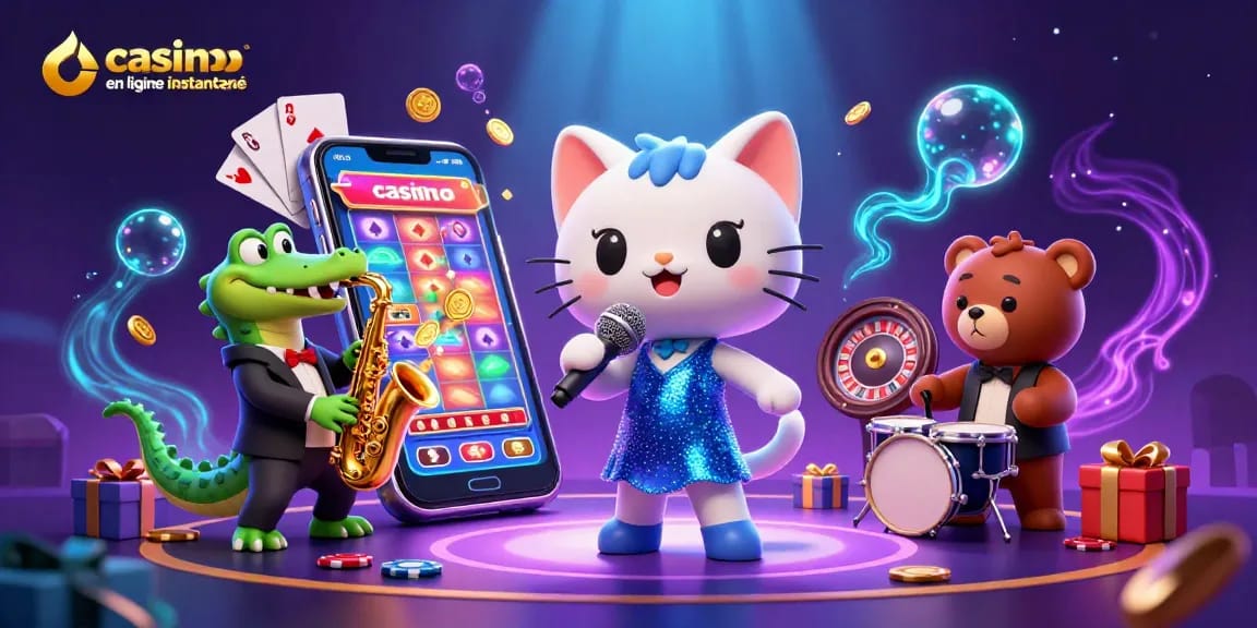 Profitez d'un casino en ligne retrait instantané avec un chat jazz, un crocodile au saxophone, et un ours jouant des percussions.