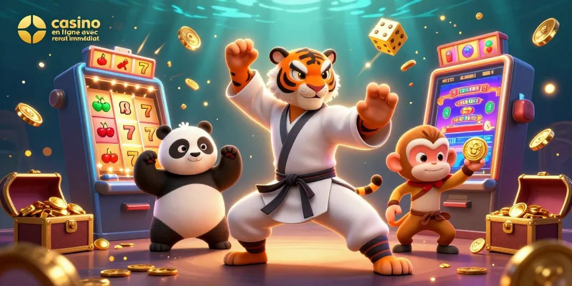 Scène animée illustrant le casino en ligne avec retrait immédiat, avec un tigre maître kung fu et ses disciples.