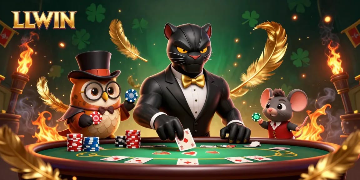 Engage with LLWIN's online casino experience featuring a stylish panther dealing cards and an owl with poker chips.