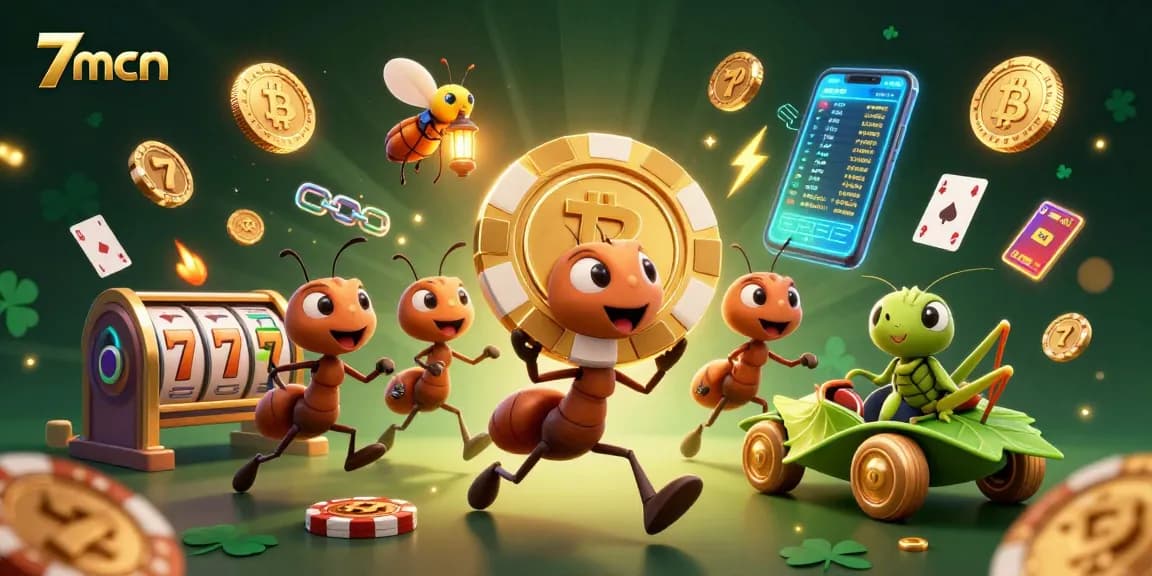 Experience thrilling action with 7mcn-themed ants heisting giant poker chips in a vibrant casino adventure.