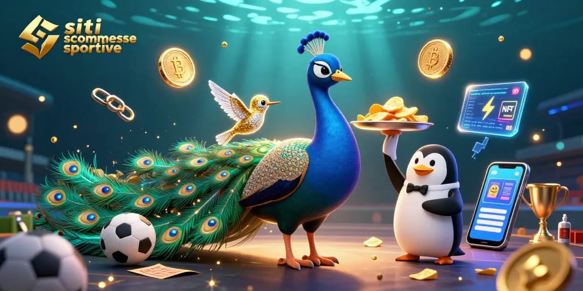 Scommetti sui siti scommesse sportive tra palloni, stadi e trofei con un pavone aristocratico e un pinguino maggiordomo.