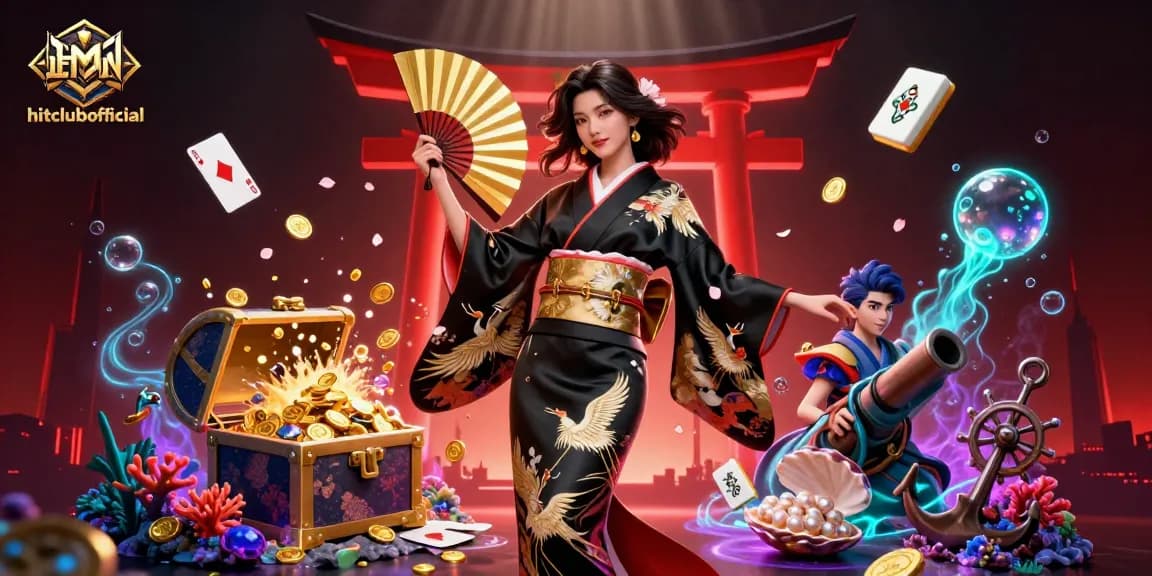Experience excitement at hitclubofficial with a photorealistic Asian woman amidst vibrant casino elements.
