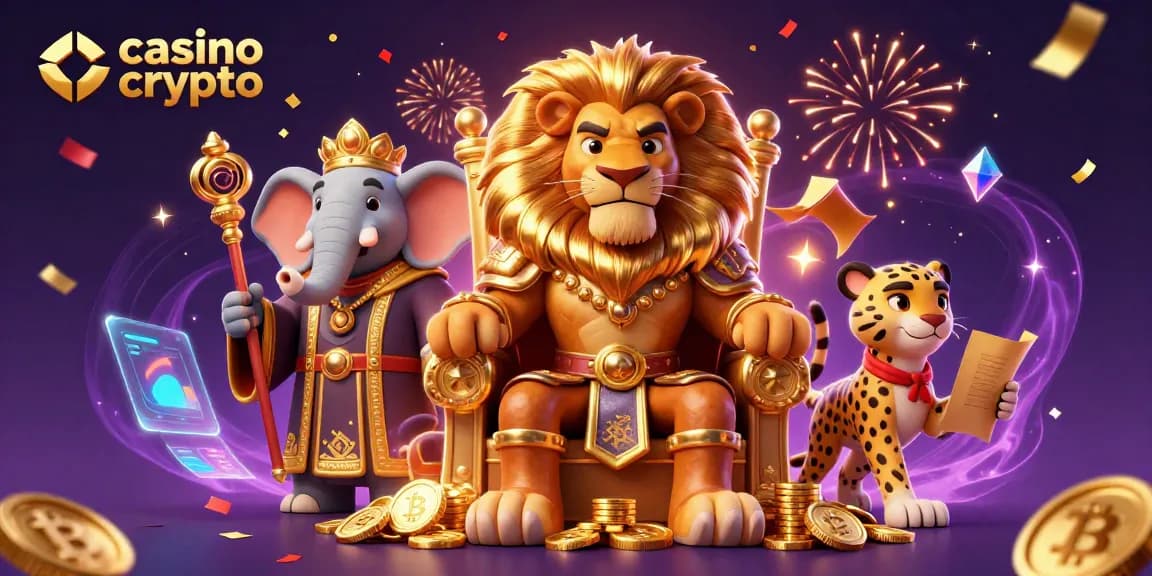 Venez découvrir le monde du casino crypto avec un roi lion majestueux et des éléments de jeu colorés.