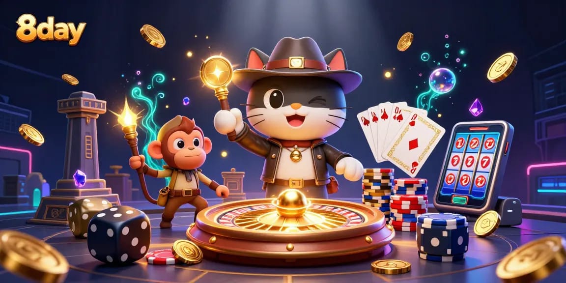 Experience thrilling gameplay at 8day with golden coins and vibrant poker chips in a dynamic casino scene.