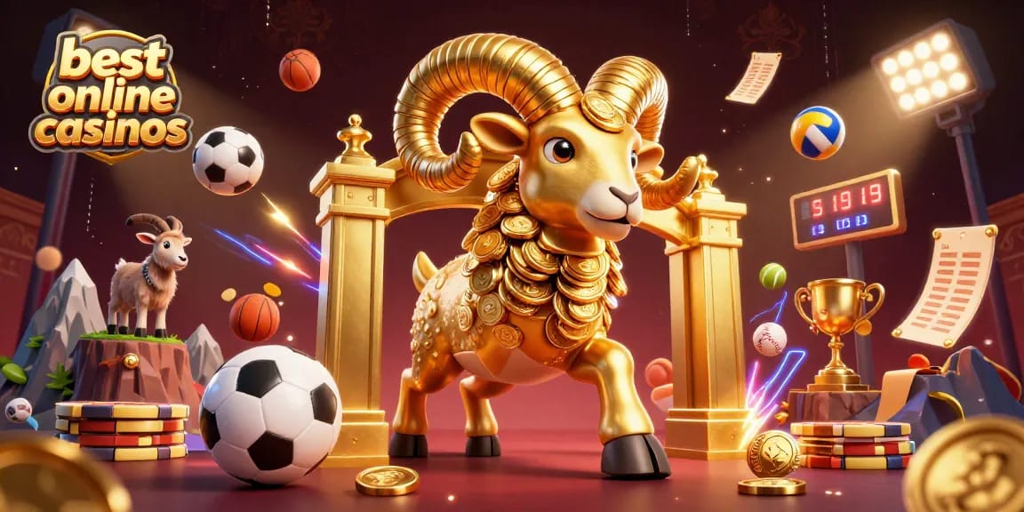Experience the excitement of the best online casinos with a dynamic 3D illustration showcasing a golden ram charging through a grand gate.