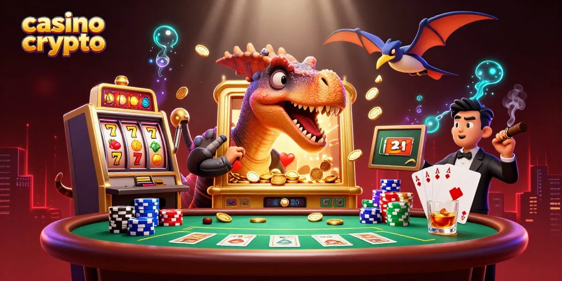 Un amusant pachycephalosaurus interagissant avec une machine à sous dans un casino crypto animé.
