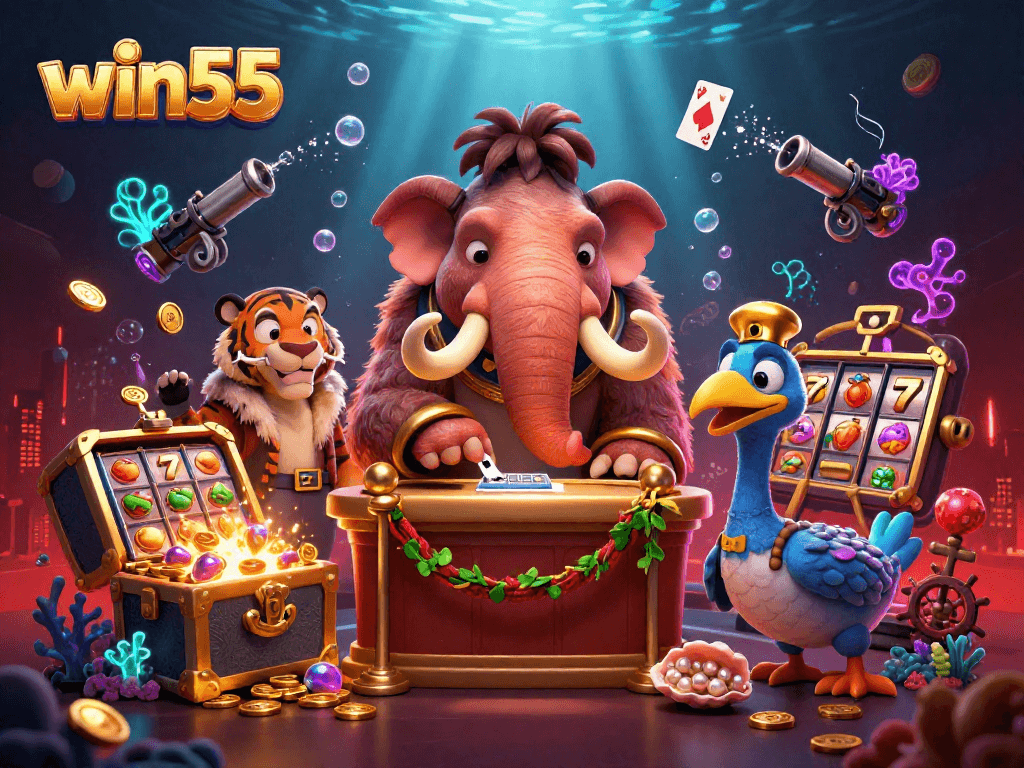 Experience the win55 excitement with a cartoon casino scene featuring unique characters and thrilling gambling elements.