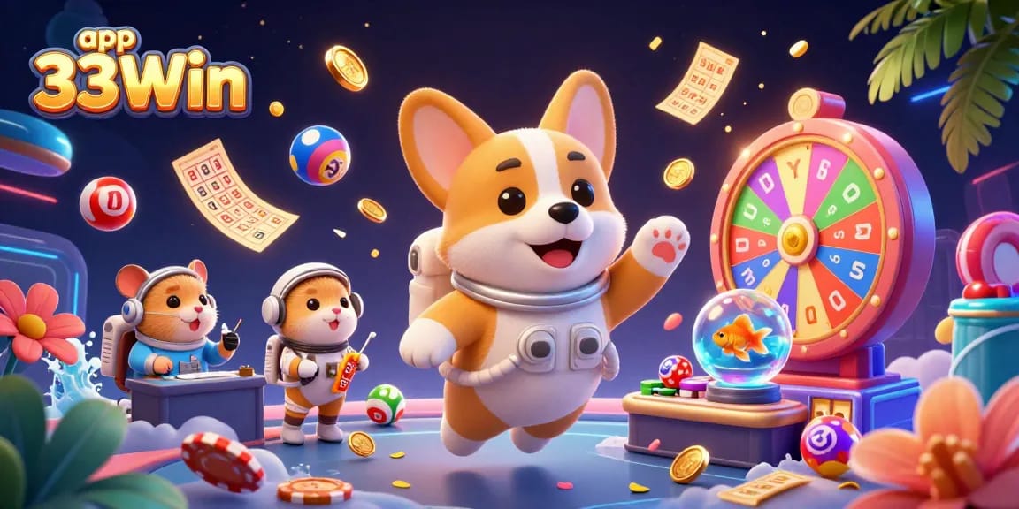 Experience thrilling gaming with app 33Win, featuring a vibrant casino scene with floating elements and characters.