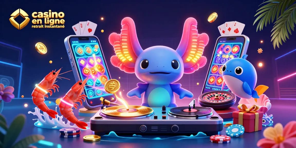 Profitez d'un spectacle vibrant d'un axolotl DJ et de crevettes dansant, illustrant un casino en ligne retrait instantané.
