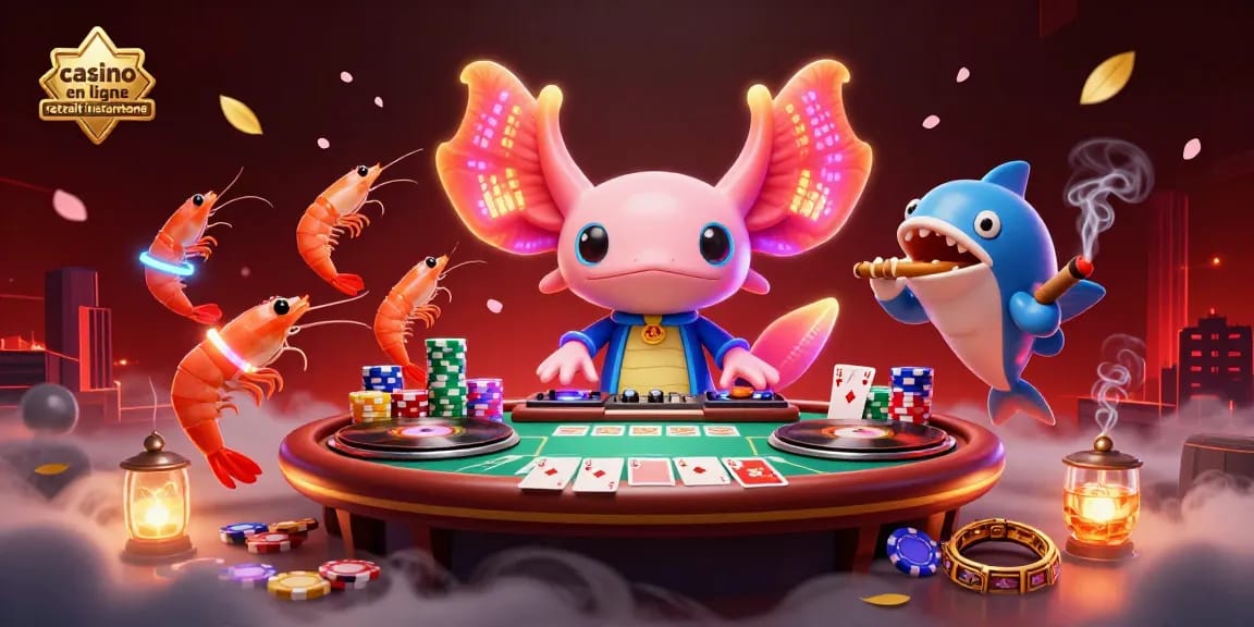 Donnez vie à l'expérience de casino en ligne retrait instantané avec un DJ axolotl 3D et des crevettes dansantes dans un cadre vibrant.
