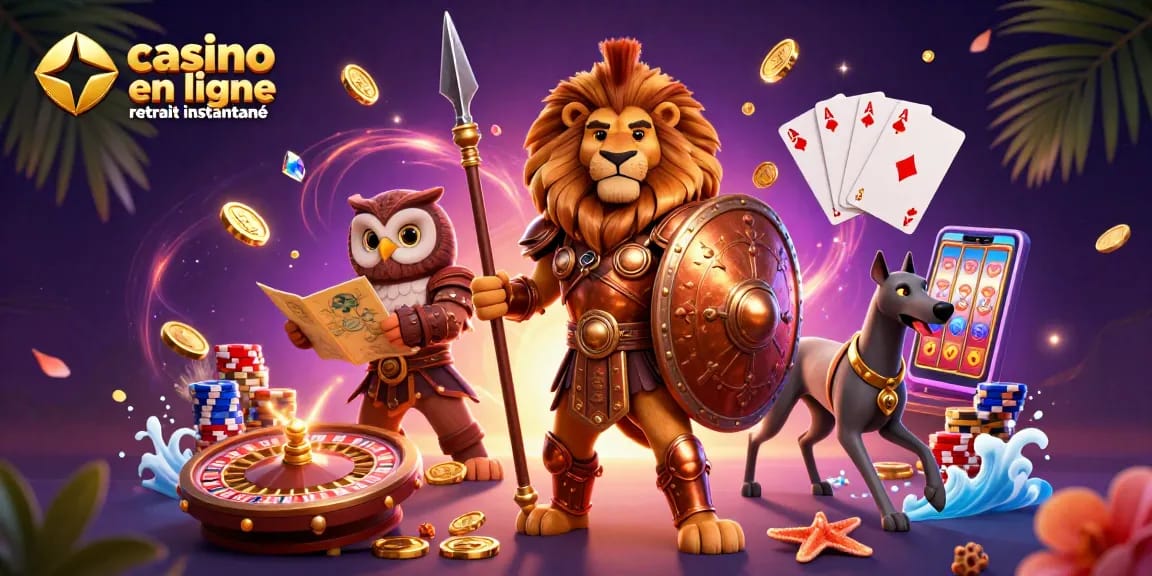 Casino en ligne retrait instantané : illustration de jeux de casino, lion guerrier et casino dynamique.