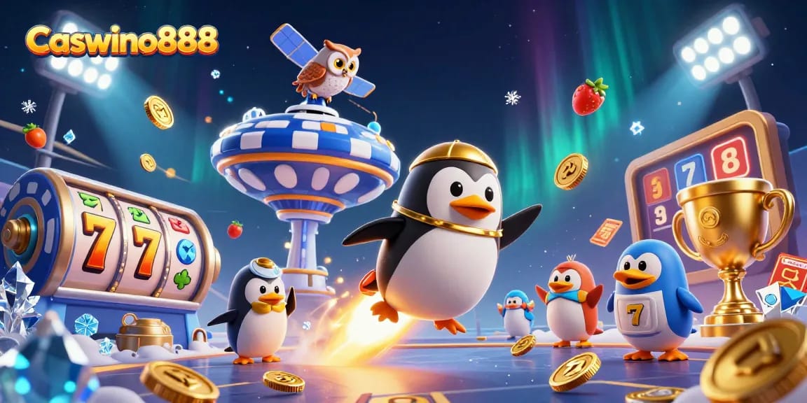 Experience thrilling gameplay at Caswino888 with a golden penguin, jackpot slots, and vibrant visuals.
