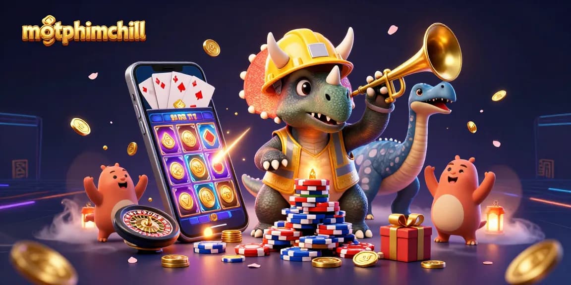 Engage with motphimchill's vibrant casino scene featuring dynamic gaming elements and cartoon dinosaurs.