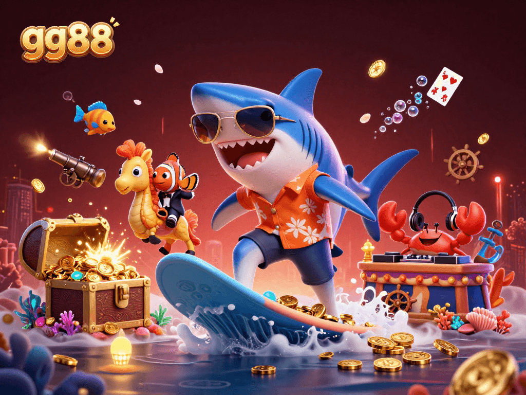 Engage with gg88's vibrant world of underwater casino fun featuring a shark and clownfish!
