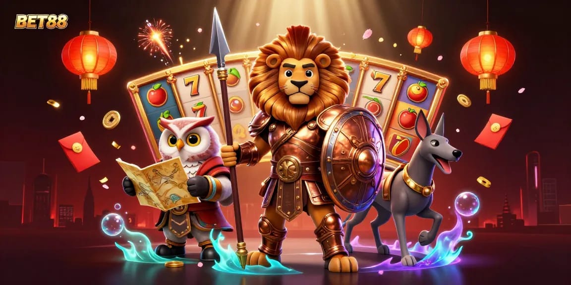 Experience BET88's thrilling slots action with dynamic characters and festive casino elements.