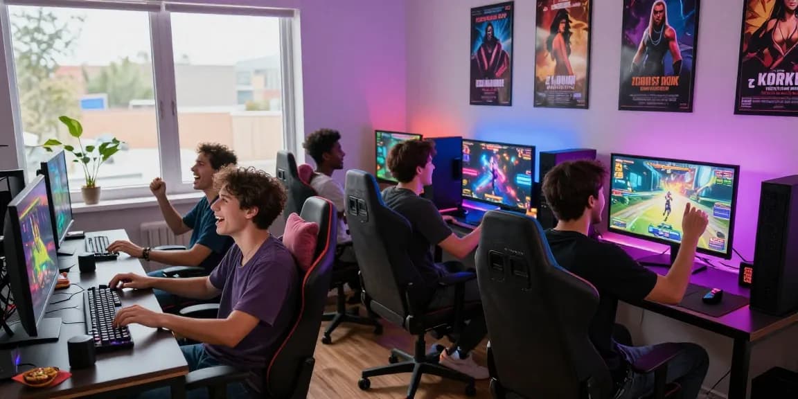 Friends excitedly playing porn games together in a vibrant gaming room.