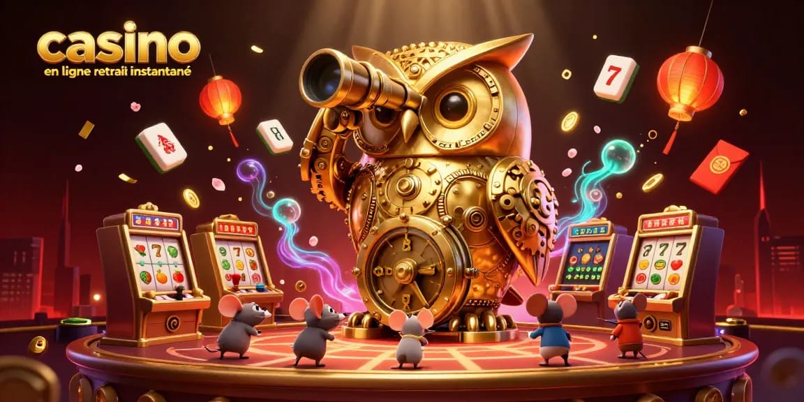 Jouez au casino en ligne retrait instantané avec une illustration d'un hibou doré et des machines à sous animées.