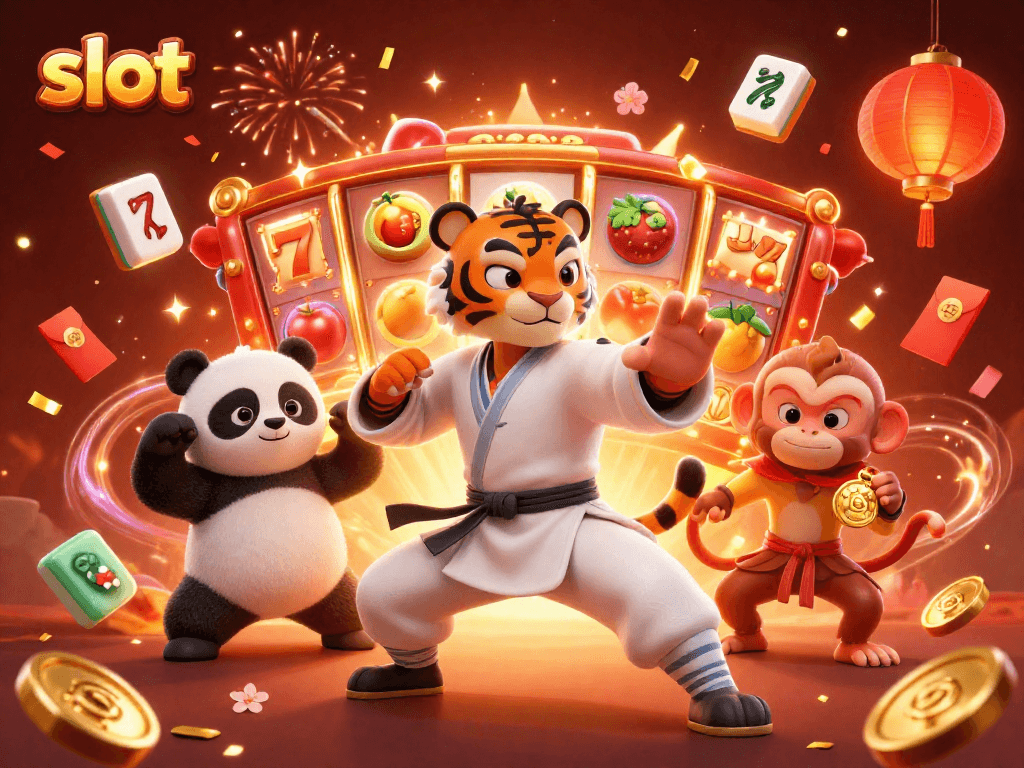 Engage with exciting slot games showcasing vibrant reels and lucky symbols in a festive casino scene.
