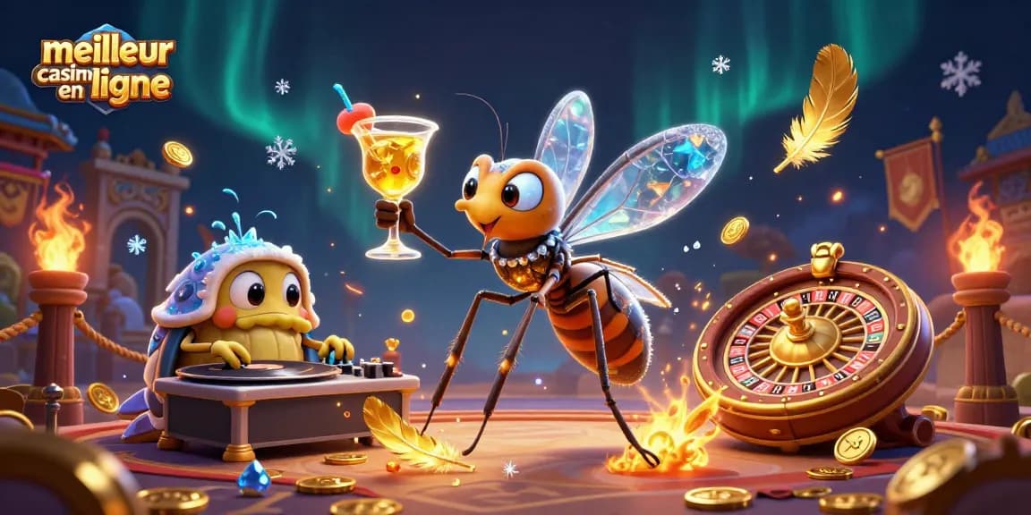 Découvrez le meilleur casino en ligne avec une illustration dynamique de jeux et personnages captivants.