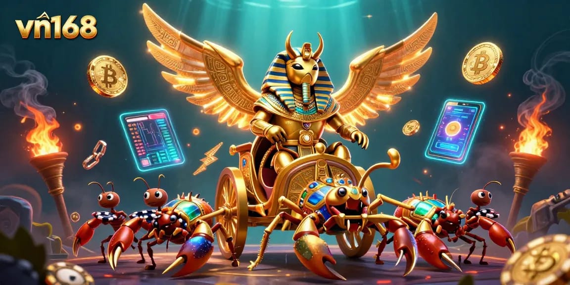 Engage in thrilling gameplay at vn168 with vivid scenes of gambling excitement, featuring 3D characters and crypto visuals.