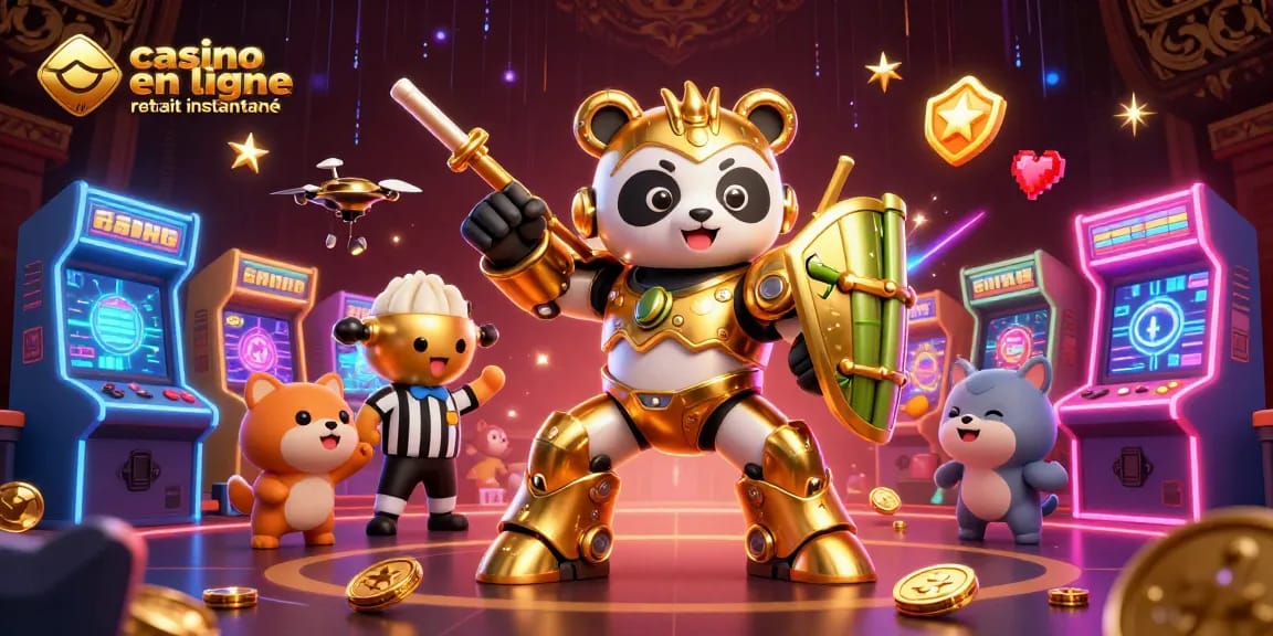 Jouez à casino en ligne retrait instantané avec des personnages de panda et une ambiance de jeu animée.