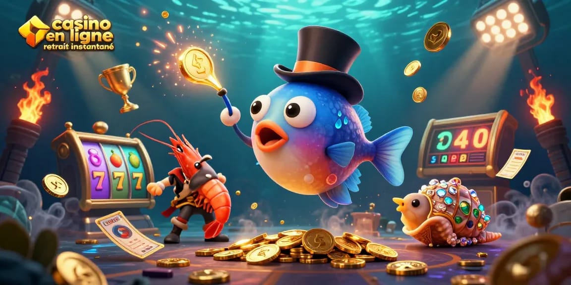Jouez dans le casino en ligne retrait instantané avec cette illustration colorée incluant des poissons et des jetons dorés.