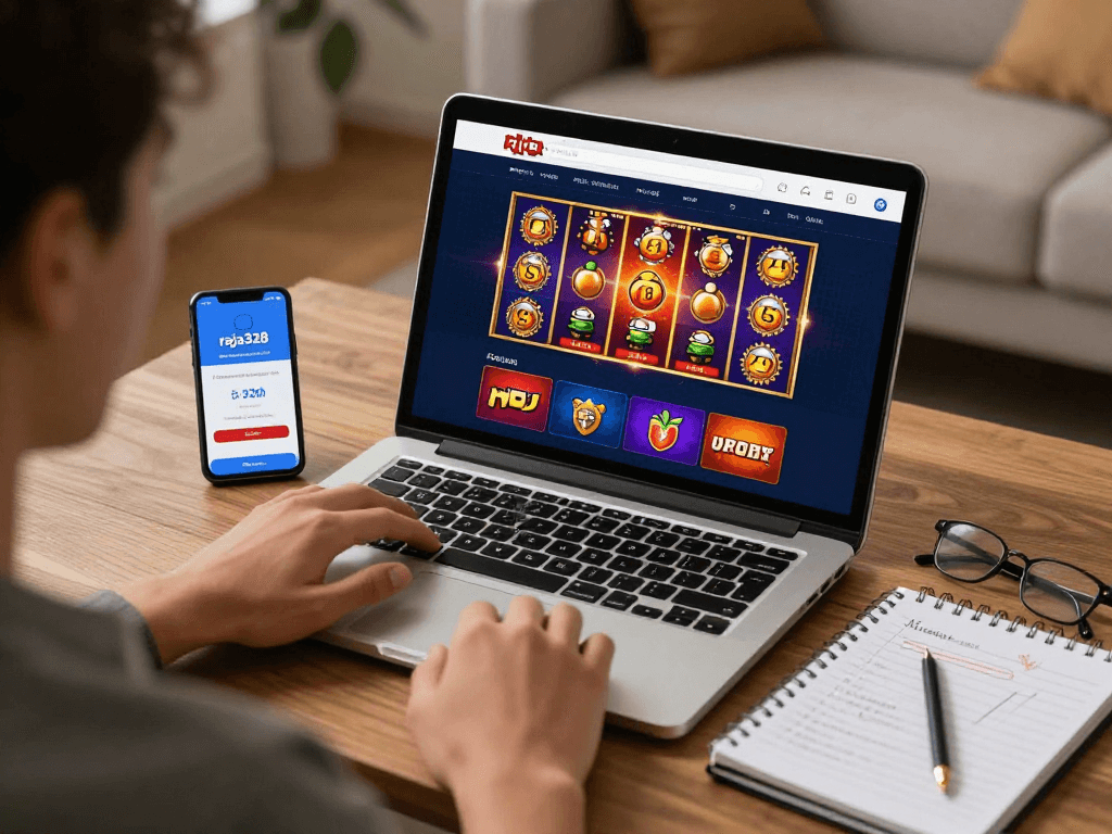 Engaging scene featuring a user on the raja328 link, exploring online betting options in a cozy living room.