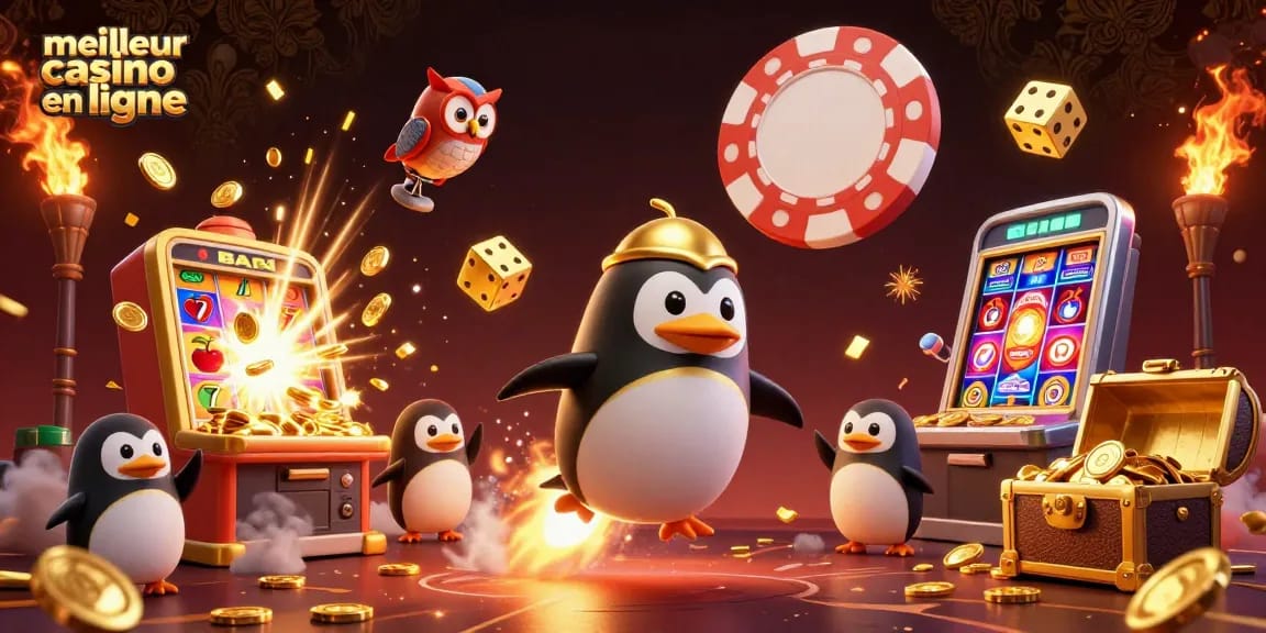 Visitez le meilleur casino en ligne avec une illustration 3D captivante où un pingouin en or propulsé par fusée explore l'espace.