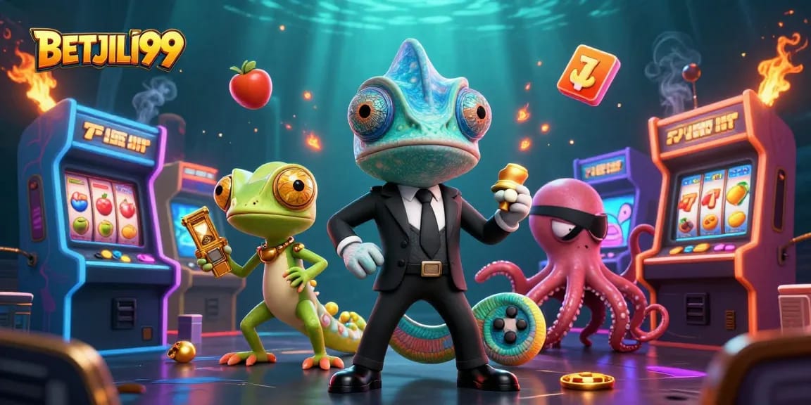 BETJILI99 gaming illustration featuring vibrant casino characters and dynamic arcade elements.