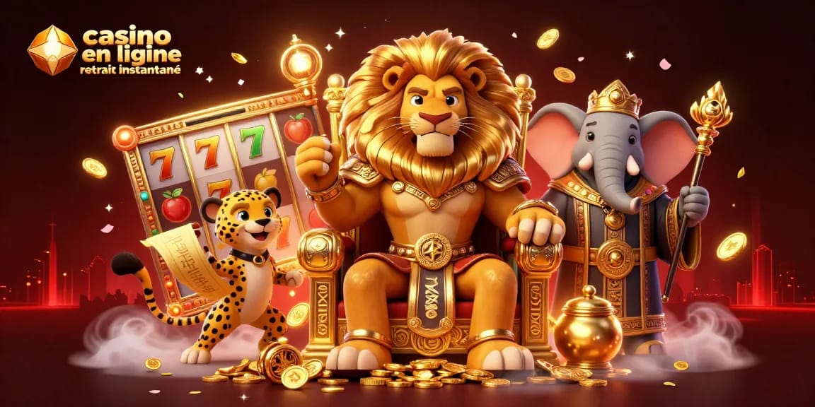 Casino en ligne retrait instantané avec un lion roi majestueux entouré de symboles de machines à sous.