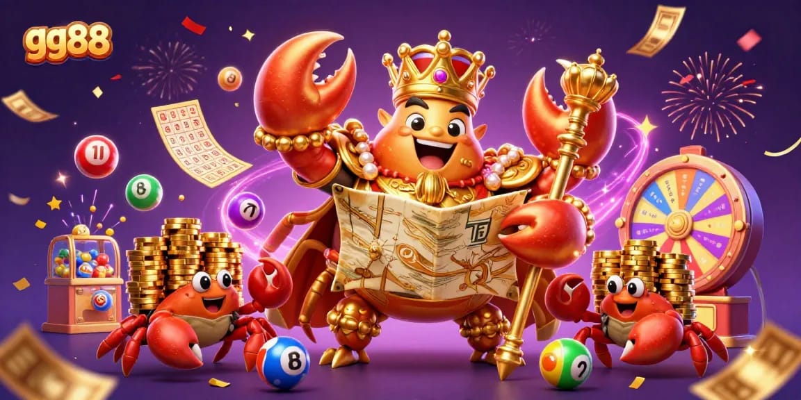 Experience the excitement of gg88 with a golden crab emperor amidst vibrant lottery elements.