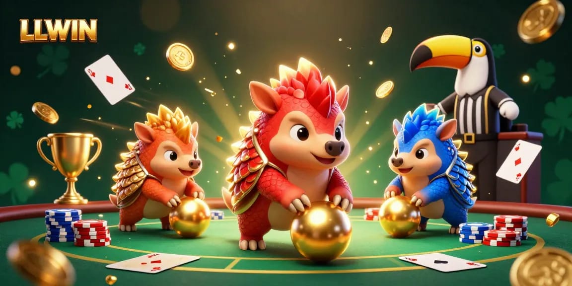 LLWIN pangolins in a vibrant casino scene, rolling poker chips and showcasing game excitement.