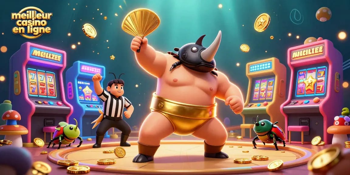 Jouez au meilleur casino en ligne avec ce combat dynamique entre un rhinocéros sumo et un arbitre.