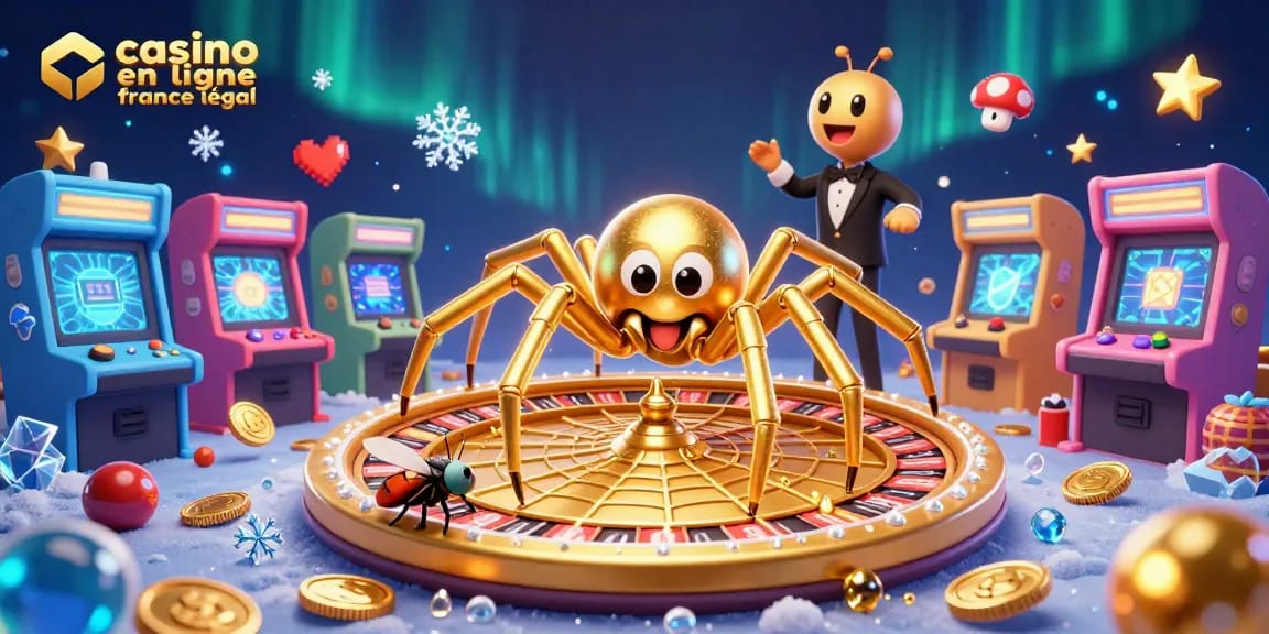 Pariez avec confiance au casino en ligne légal en France, illustré par une araignée d'or au centre d'une roulette.