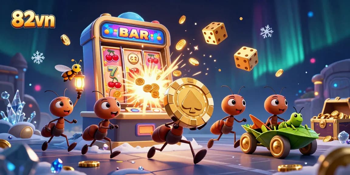 82vn team of cartoon ants carrying a giant poker chip in a vibrant casino heist scene.