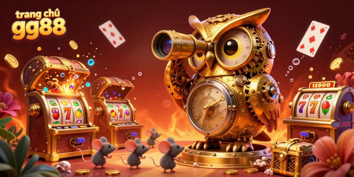 Experience the vibrant gameplay at trang chủ gg88 with a bustling casino scene featuring a golden owl and plenty of treasure.