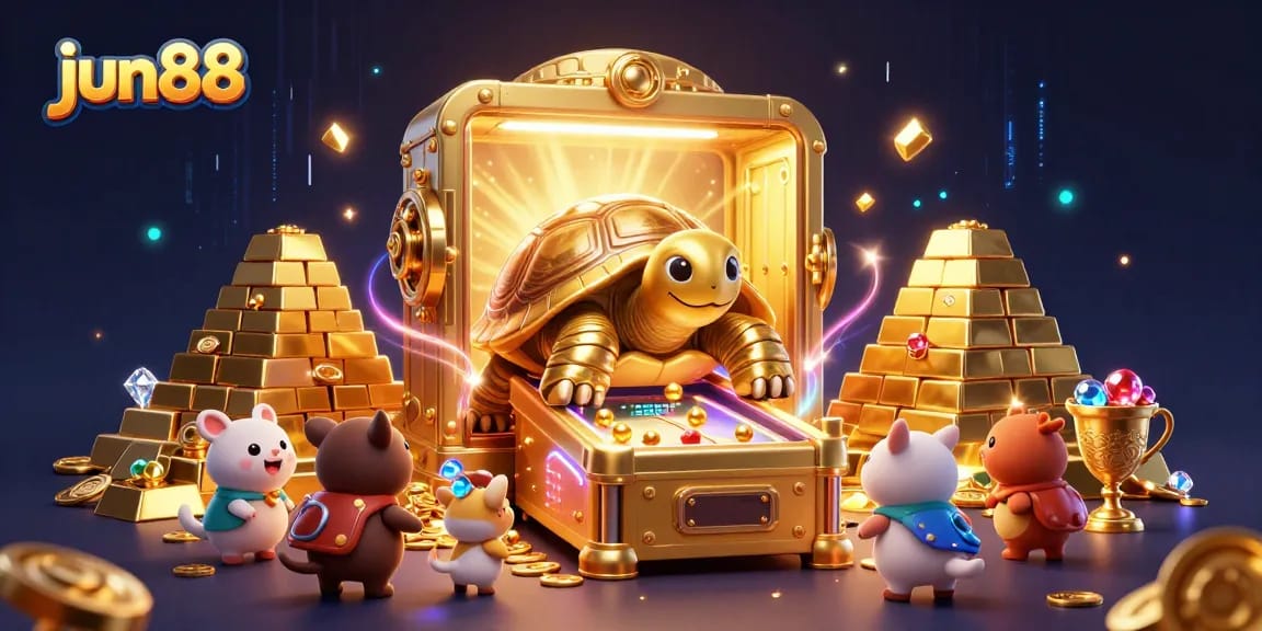 Experience the excitement of jun88 with an ultra-detailed scene featuring a colossal tortoise pinball machine and treasures.