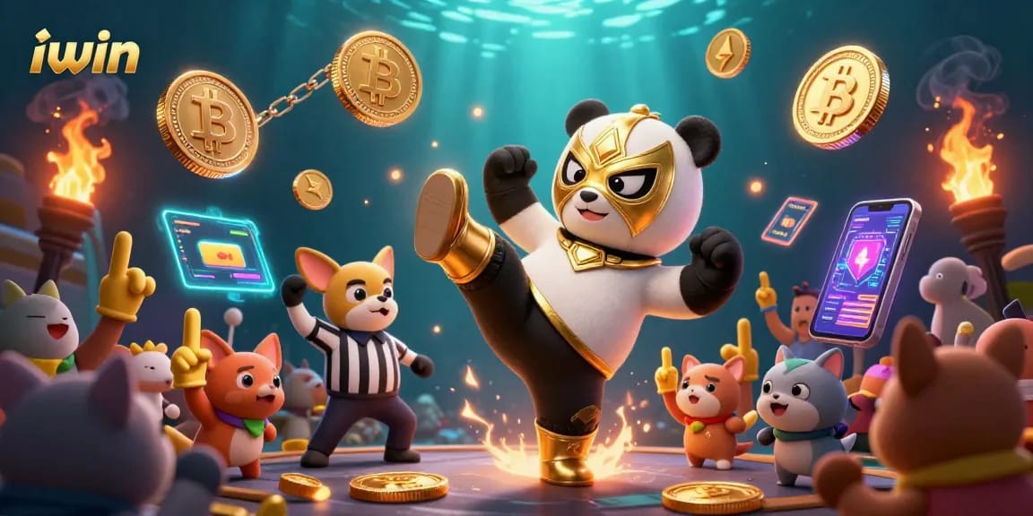 iwin casino scene with cartoon panda wrestler and referee chihuahua amidst digital game symbols