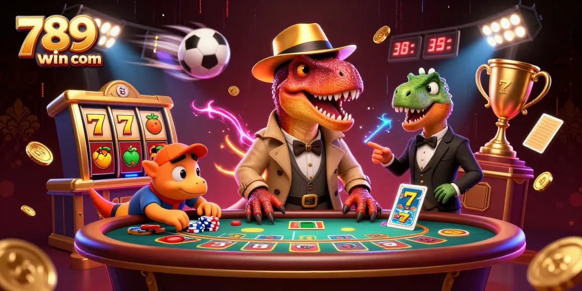 Engage in thrilling gameplay at 789win com with cartoon velociraptor card counter amidst casino excitement.